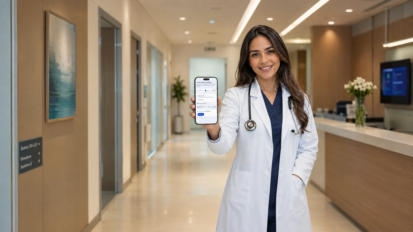 Médica plantonista emitindo a nota de plantão pelo aplicativo do Declara Med no celular
